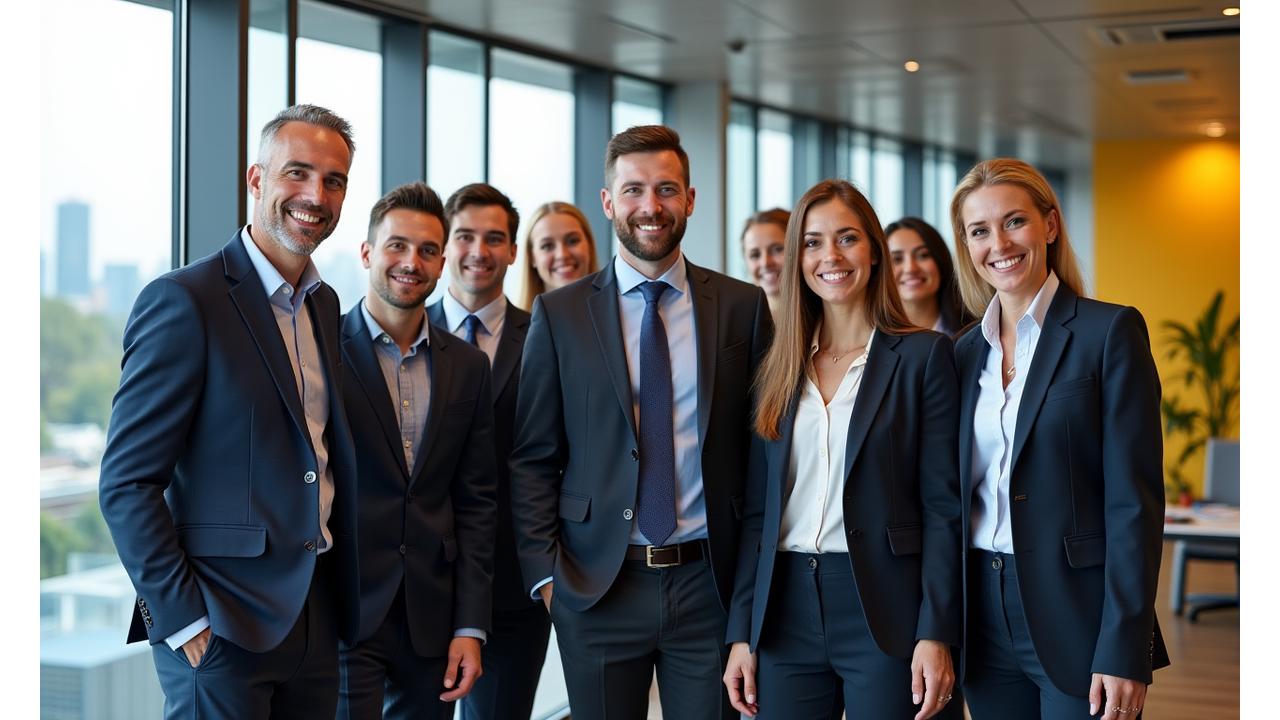 Diverse team of real estate professionals collaborating in a modern, light-filled office overlooking an Australian city skyline