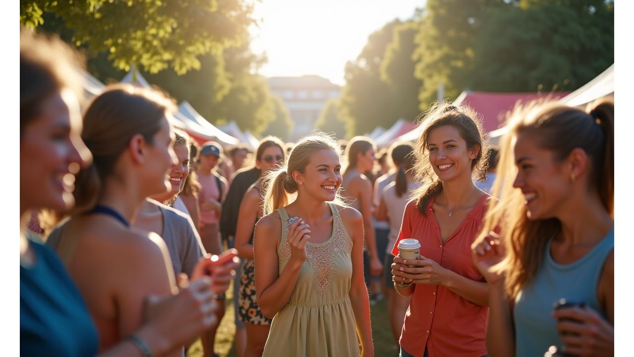 Community event showing a diverse group of people enjoying a local festival, implying agency support