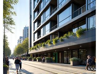 Aerial view of a city apartment building near public transport hub