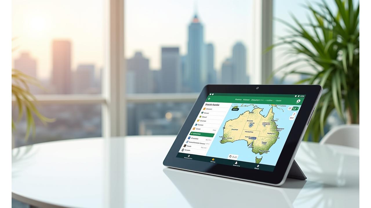 Modern apartment search interface on a tablet showing Australian cities
