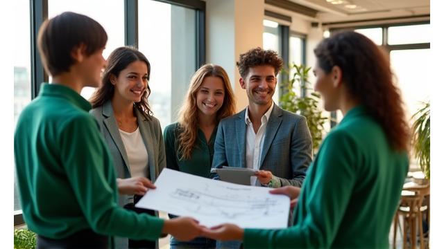 A diverse professional team in modern office setting, collaborating and smiling, representing growth and expertise.