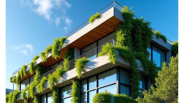 Modern green building with solar panels and lush vertical gardens in an urban setting, symbolizing sustainable real estate.