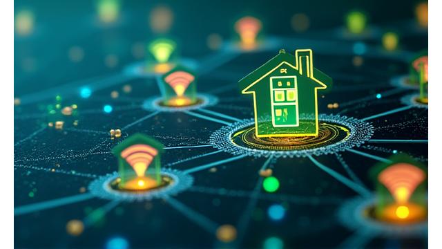 Abstract depiction of digital data flow and smart home icons, representing technology innovation in real estate.