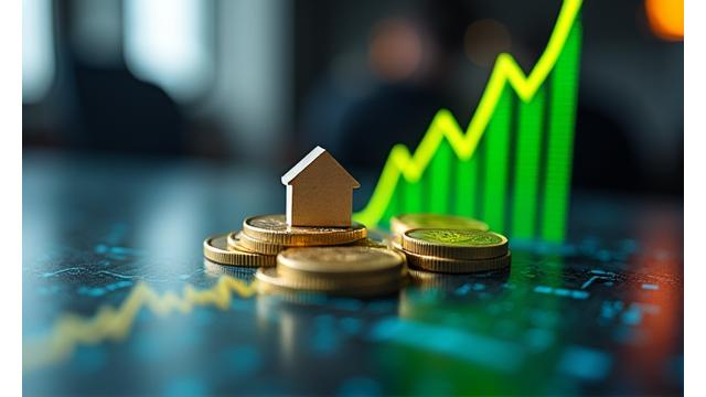 Digital graph showing upward trend, overlaid with Australian dollar coins, representing economic factors and interest rates impact on property.