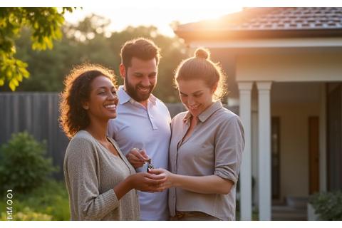 A young couple happily receiving keys to their new home from a real estate agent, symbolizing first home ownership.