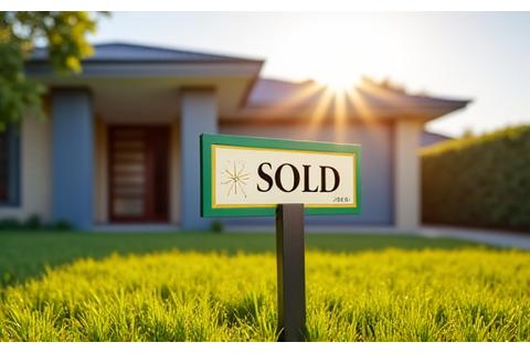 A 'SOLD' sign planted firmly in front of a modern family home with a manicured garden, representing successful property sale.