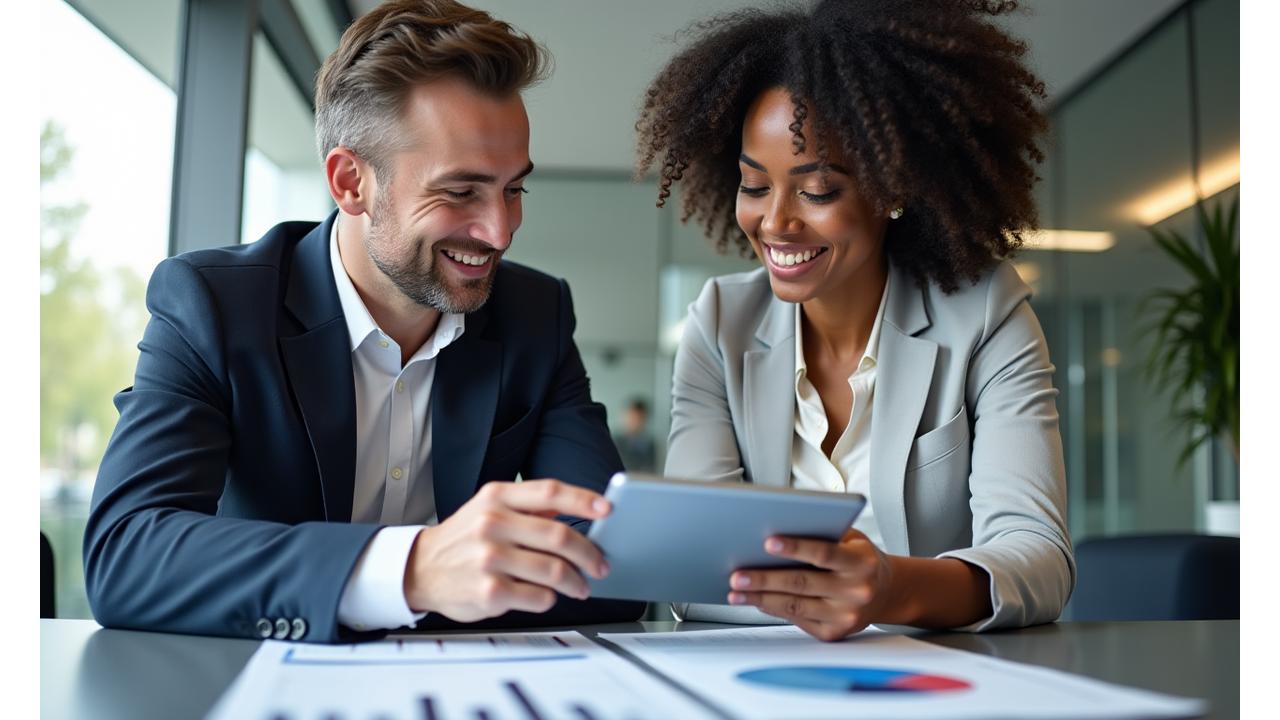Image of two professionals discussing investment strategies over a tablet in a modern office environment
