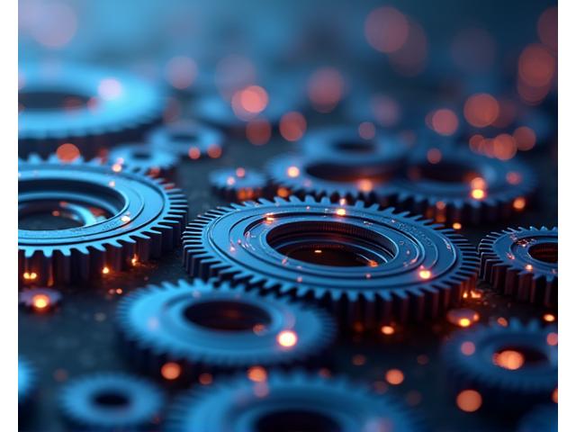 Visual representation of integrated property management services, with cogs and data points flowing smoothly