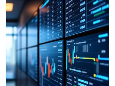 Financial charts and graphs overlaid on a screen, representing investment analysis