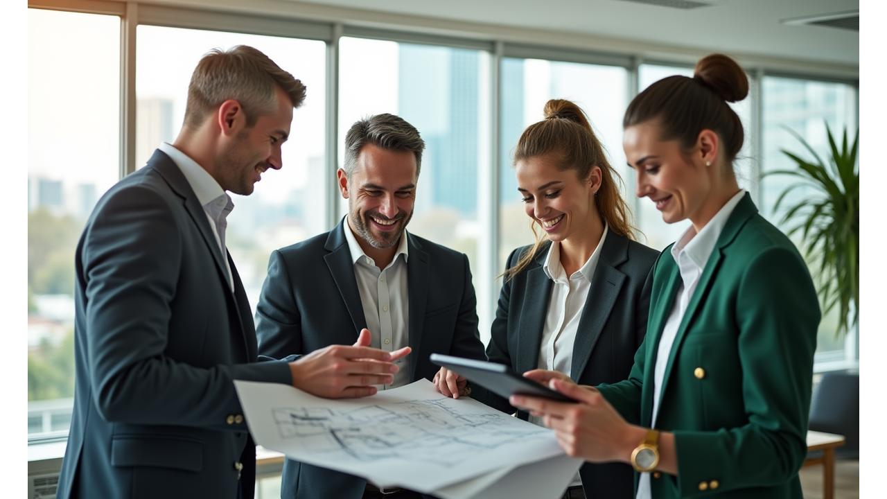Team of Australian real estate agents collaborating in a modern office with city skyline in background