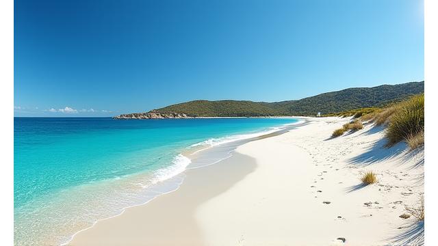 Panoramic view of a secluded Australian beach with a small, quaint cottage nestled amongst dunes