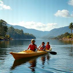 Family kayaking on a calm lake with mountains in the background, depicting outdoor recreational opportunities