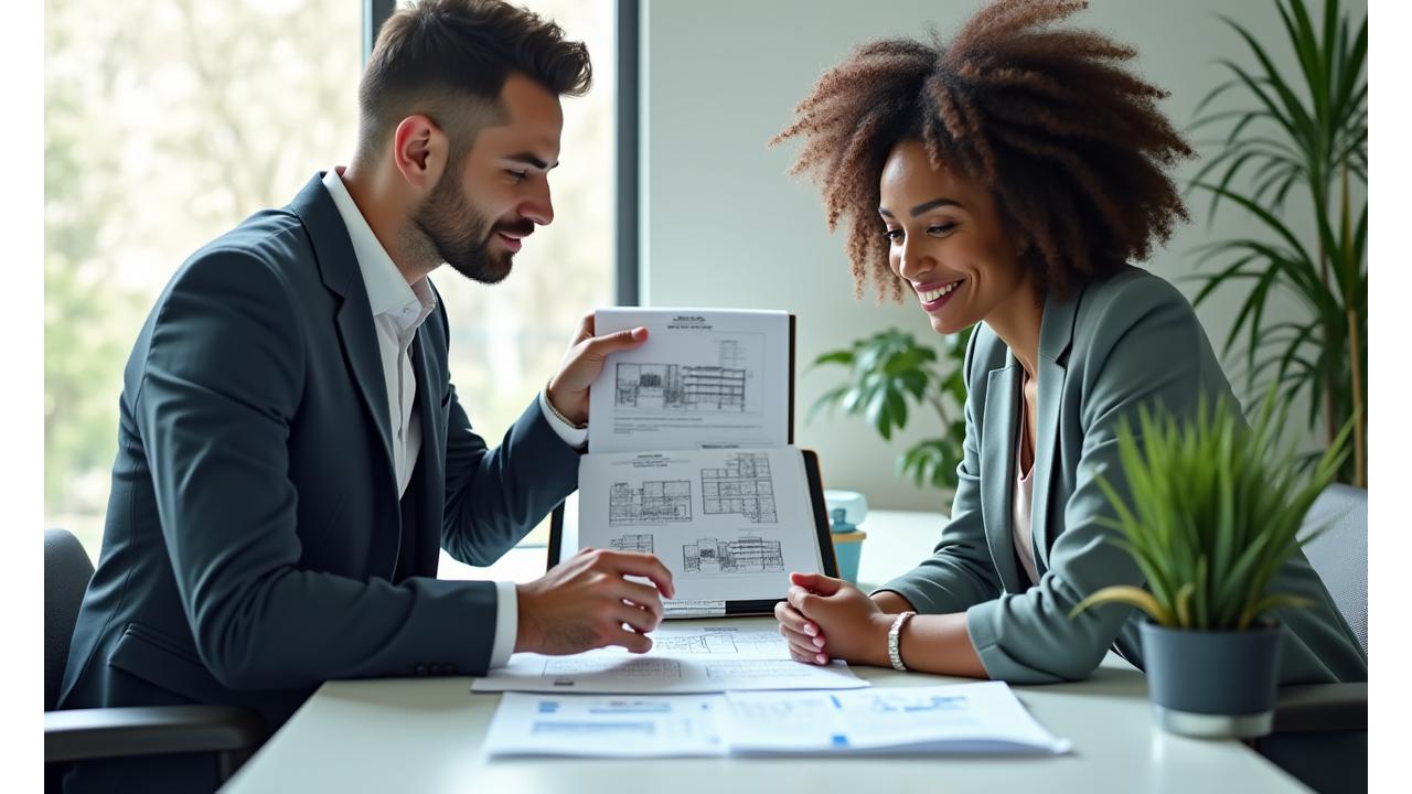 Professionals discussing land investment potential with documents and financial charts
