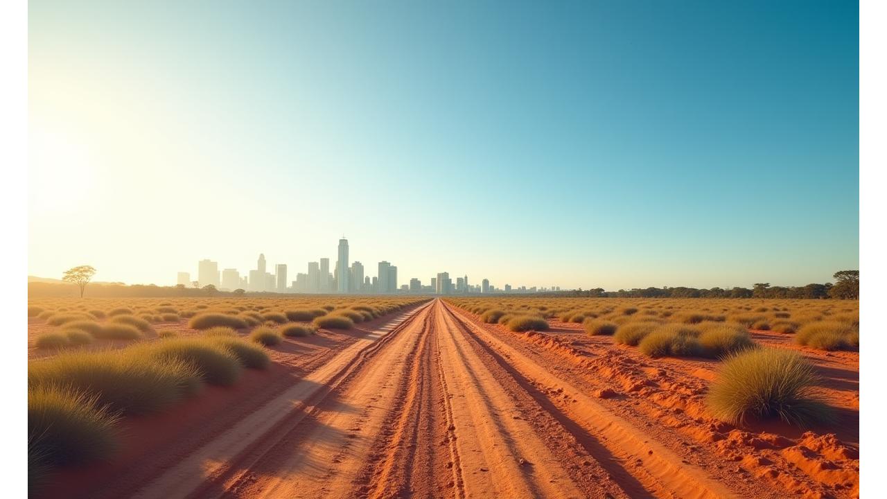 Panoramic view of undeveloped land with distant city skyline and growth potential