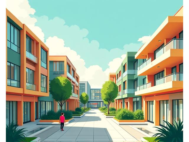 Mixed-use development illustration showing residential, retail, and office spaces