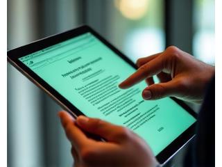 Close up of hands reviewing a secure digital document on a tablet, symbolizing privacy and trust.
