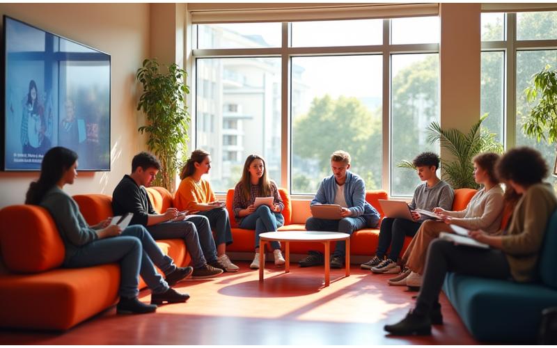 Vibrant communal area in student accommodation with students socializing and studying
