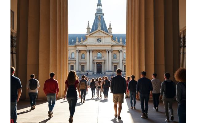 Entrance to a prominent Melbourne university with diverse students, symbolizing education hubs