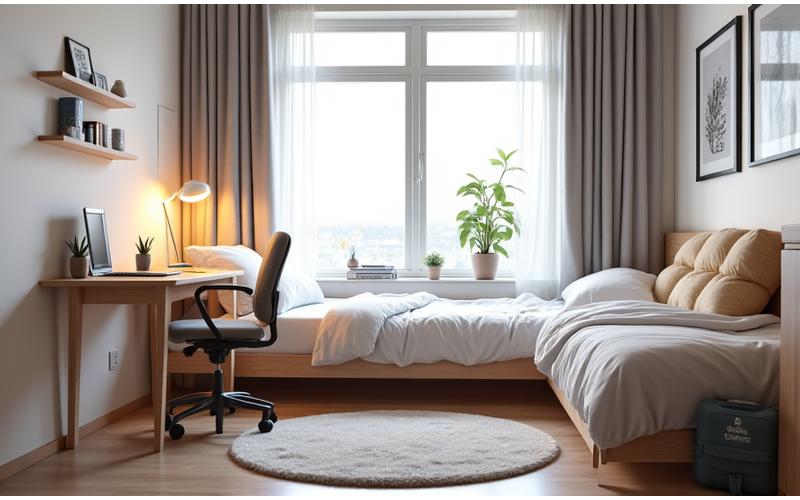 Modern and clean student accommodation room with study desk and bed