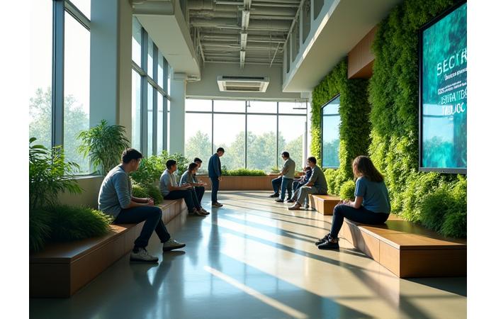 Modern student common area incorporating smart technology and sustainable design elements, reflecting future trends.