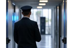 Security guard patrolling a student accommodation entrance, symbolizing maintenance and security services.