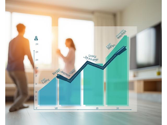 Chart depicting declining utility bills over time, overlaid on an image of a happy family in an energy-efficient home.