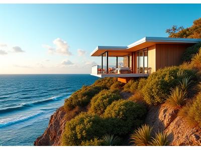 Stunning architect-designed eco-home perched on a coastal hillside, harmonizing with the natural Australian coastline, with ocean in the background.