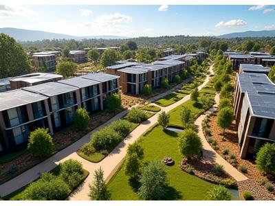 Aerial view of a modern, thoughtfully designed master-planned sustainable community with green spaces, solar panels, and water features, set in an Australian landscape.