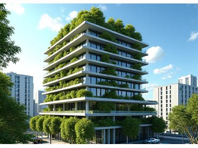 Modern multi-story residential building with green roof and vertical gardens seamlessly integrated into an urban environment, representing sustainable urban infill.