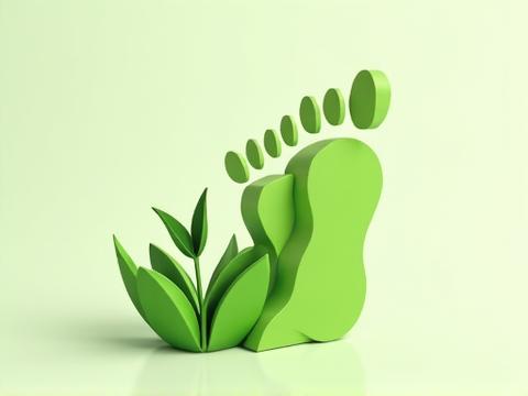 Abstract infographic visually representing carbon footprint reduction, with green leaves growing from a reduced footprint icon.