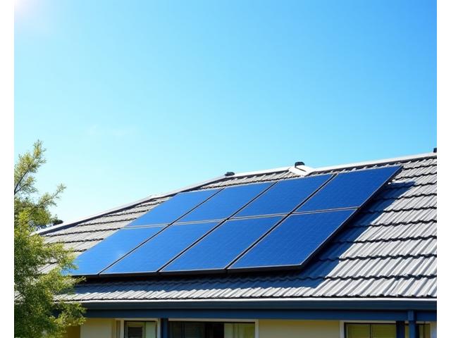 Residential rooftop with prominent solar panel array under a clear Australian sky, highlighting renewable energy.