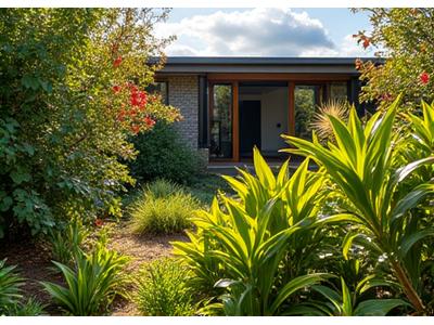Lush, drought-tolerant native Australian garden surrounding a contemporary home, blending seamlessly with the environment.