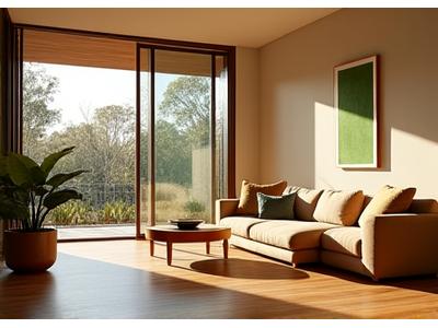 Interior of a modern Australian home showcasing excellent natural light and passive solar design through large north-facing windows.
