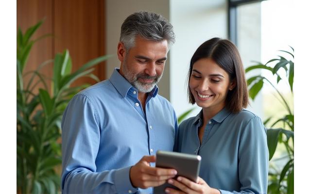 Professional real estate consultant discussing sustainable property features with a client in a modern, eco-friendly office setting.