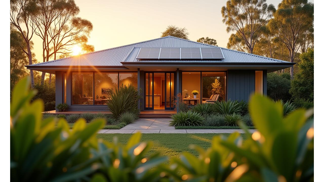 Modern eco-friendly home with solar panels and lush native Australian garden, bathed in golden hour sunlight.